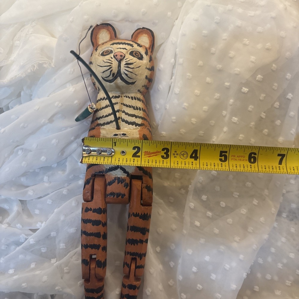 Vtg Folk Art Hand Painted/Carved Tiger Cat Fish Shelf Sitter‎ Articulated Joints - Picture 13 of 15